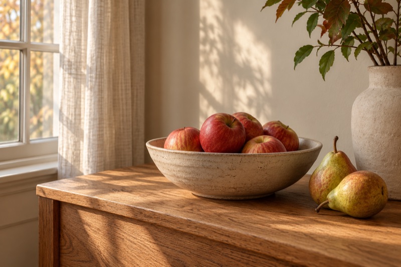 A bowl of red apples and two pears on an oak console in warm autumn window light.