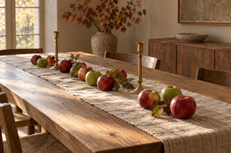 Red and green apples arranged on a linen runner with two brass candlesticks on a wooden table.