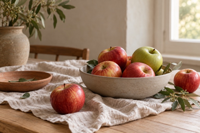 A bowl of red and green apples rests on rumpled linen beside a terracotta dish in warm window light.