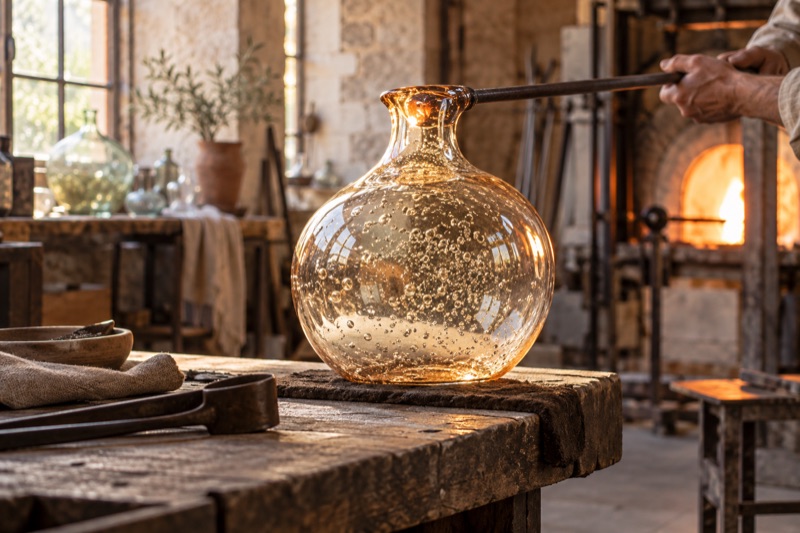 Backlit bubbled glass vessel on a worn workbench in a sunlit workshop, held on a blowpipe beside a glowing furnace.