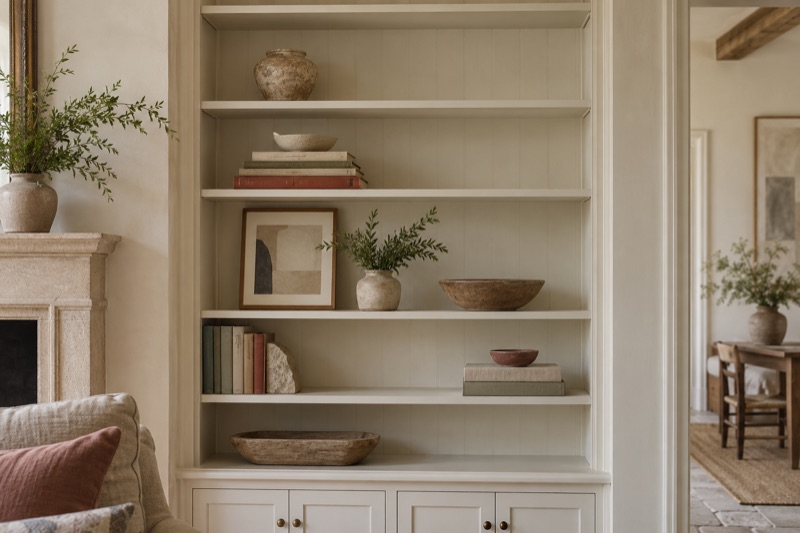 A painted bookcase with stacked books, ceramic bowls, a leaning abstract print and generous open shelf space.
