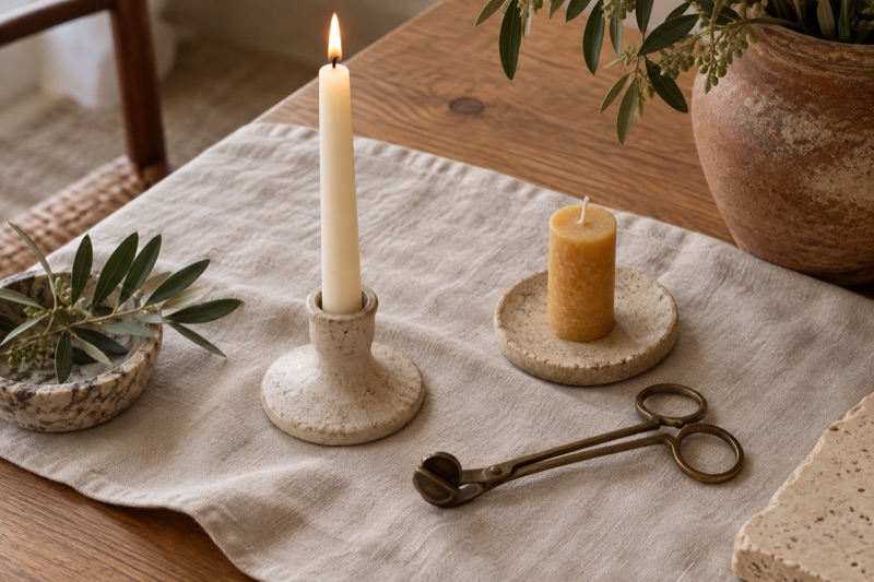 A lit taper in a stone candlestick, a beeswax candle, and a brass wick trimmer on linen.
