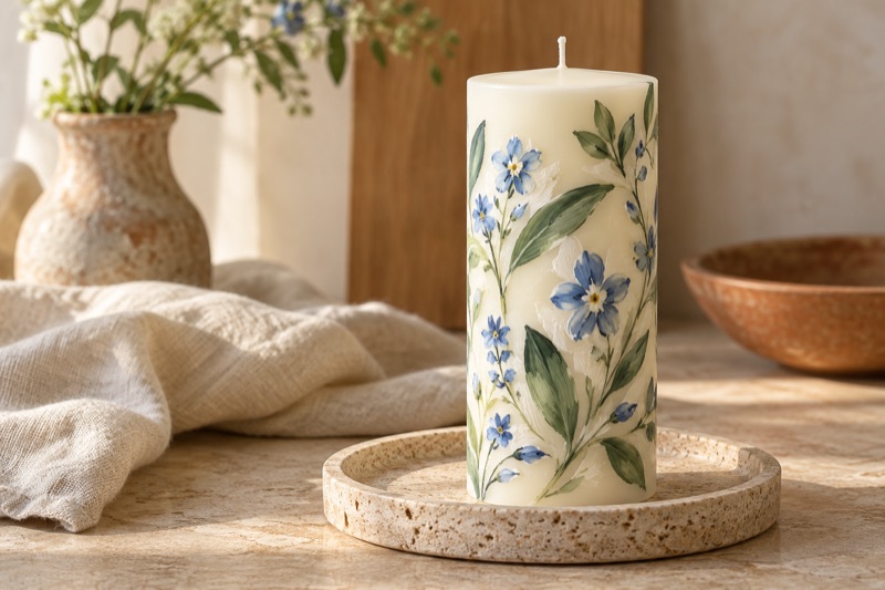 Unlit pillar candle with loose blue and green botanical brushwork on a stone tray in warm window light.