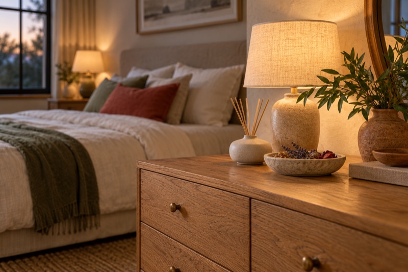 A warm bedroom dresser holds a reed diffuser and bowl of dried botanicals beside a softly blurred bed.