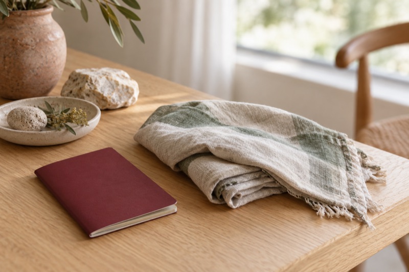 A blank burgundy passport beside a folded linen scarf on a sunlit oak table.