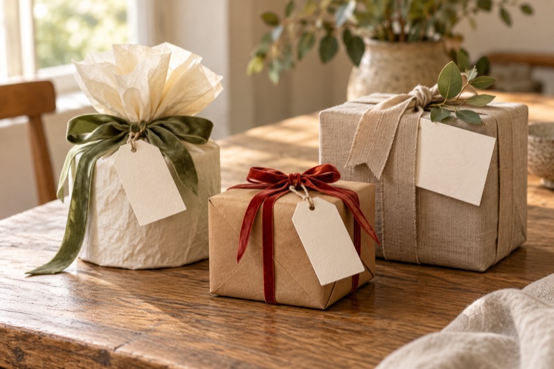 Three wrapped candle gifts with blank tags on a wooden table in soft daylight.