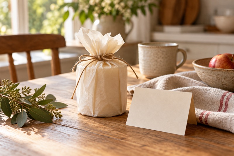 A wrapped candle gift and blank card sit on a wooden kitchen table in warm morning light.