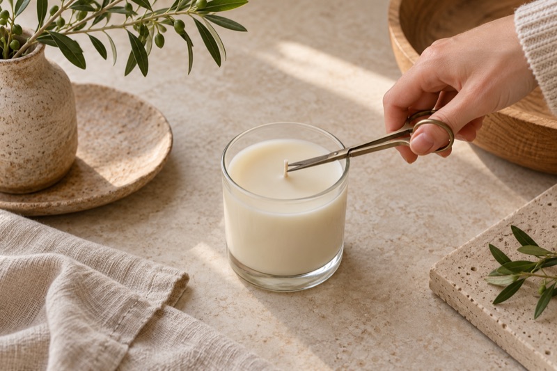 A hand trims the wick of an unlit jar candle with scissors on a stone surface.