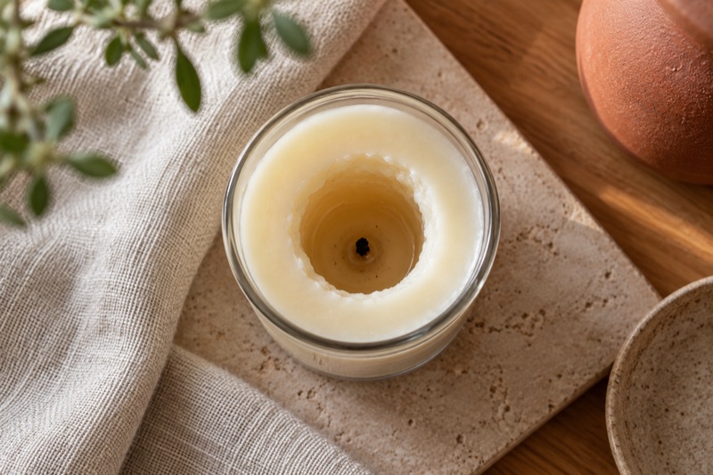 A tunneled jar candle seen from above, with a narrow well around the wick and hard wax at the edges.