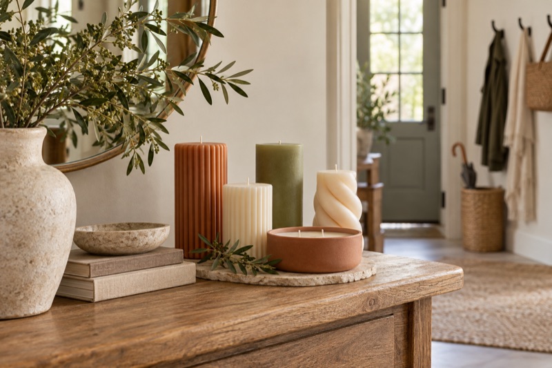 Unlit sculptural candles arranged on a wooden entryway console in soft daylight, with a doorway and coat hooks behind.