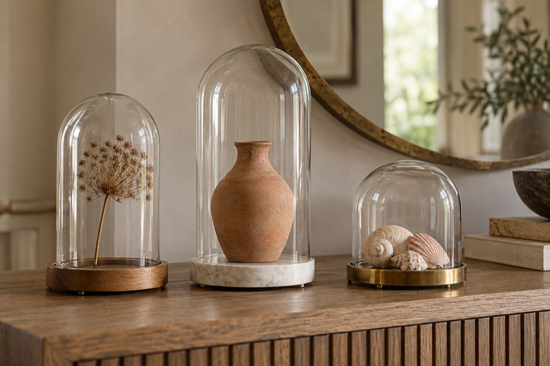 Three glass cloches on a console table holding a dried seed head, terracotta vase and shells.