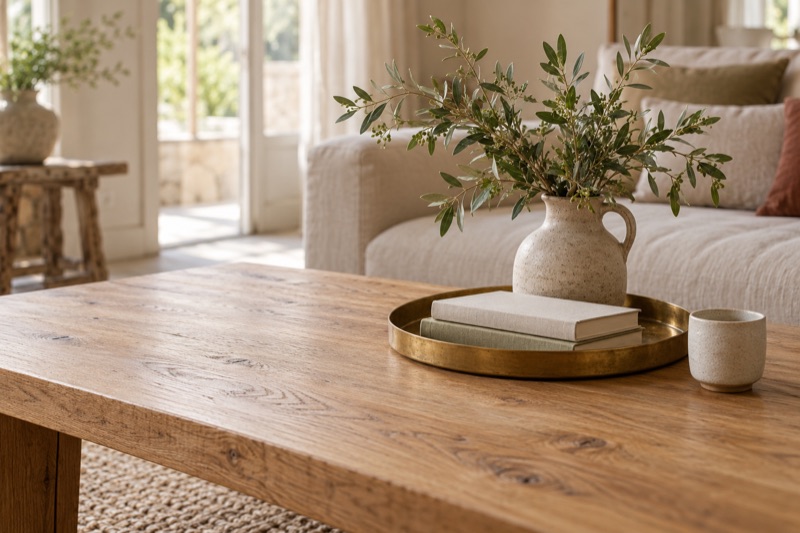 A brass tray on an oak coffee table holds a stoneware jug of branches and two books beside a ceramic cup.