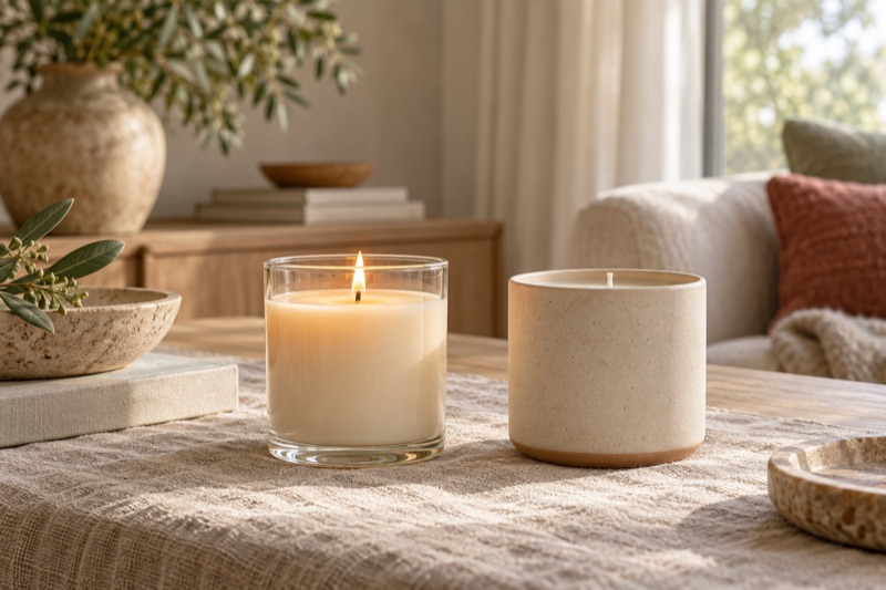 A lit glass jar candle beside an unlit ceramic candle on a linen-covered table.