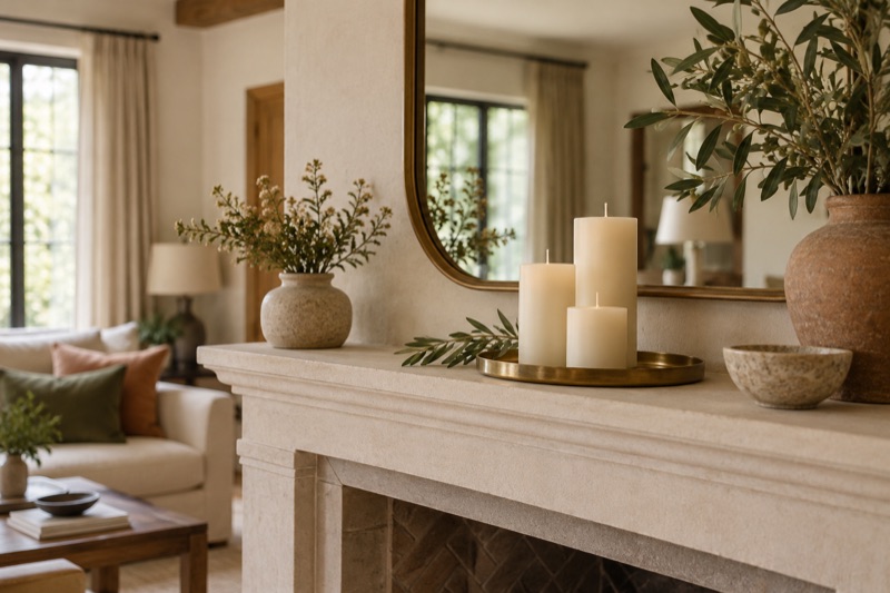 A mantel with three unlit cream pillar candles on a brass tray beneath a mirror.