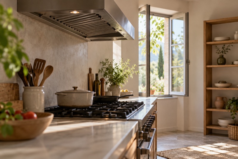 A softly lit kitchen with a stove, range hood, open window, and a wooden shelf of ceramics.