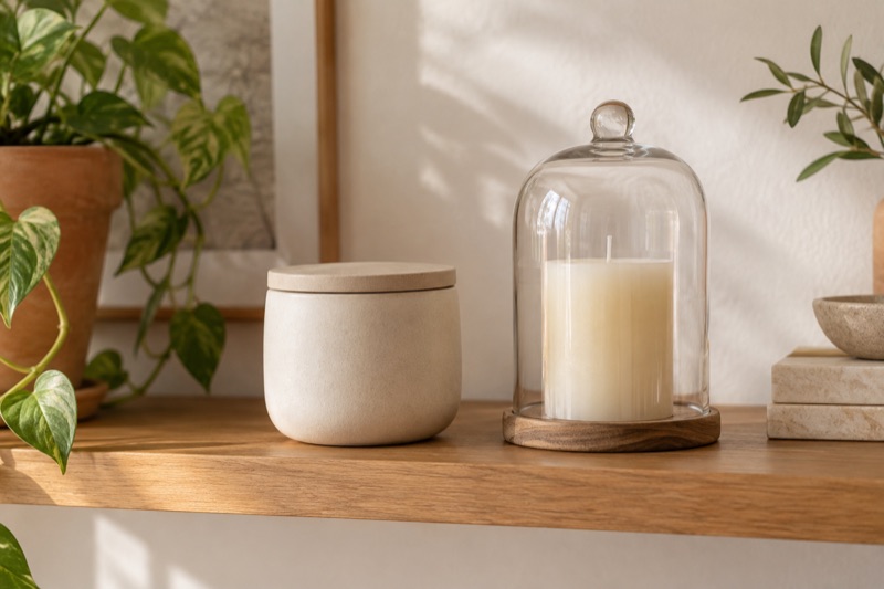 A lidded candle and a pillar candle under a glass cloche sit side by side on a wooden shelf.