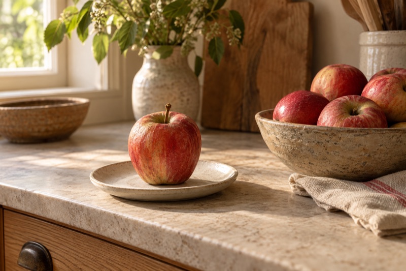 A hand-painted faux apple on a small plate beside a bowl of real red apples on a sunlit kitchen counter.