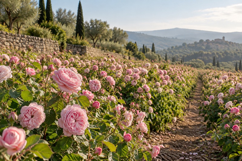 Rows of pink centifolia roses in bloom on a sunlit hillside, with a stone wall and mountains beyond.
