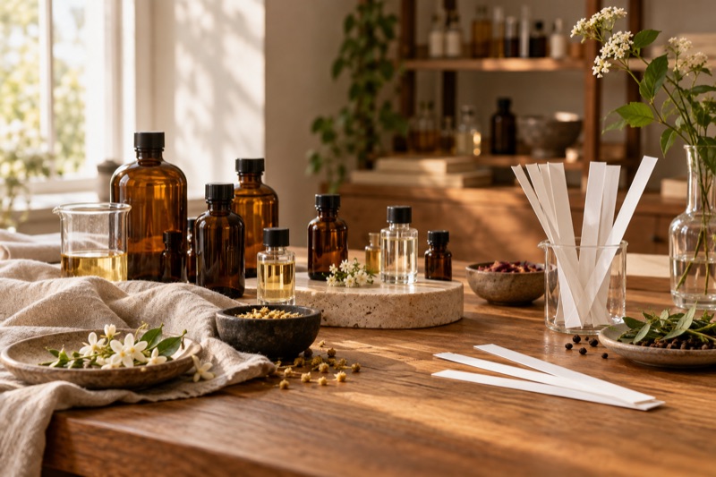 Amber glass bottles and blank smelling strips sit on a sunlit oak table.