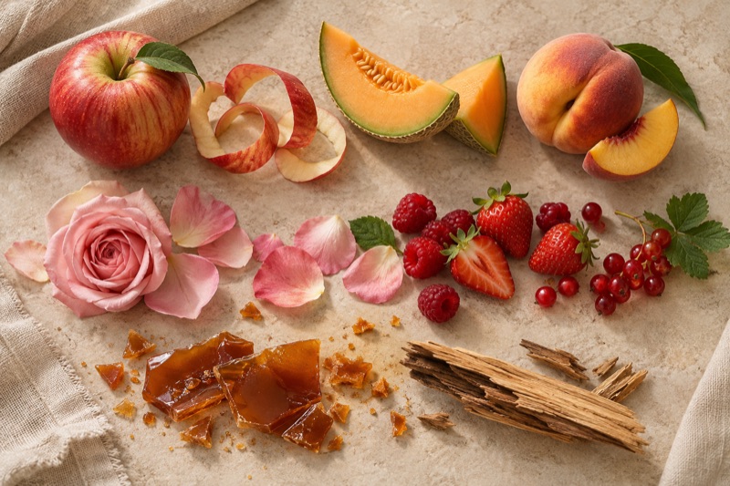Apple, melon and peach sit above rose petals and red berries, with caramel shards and wood arranged on stone.