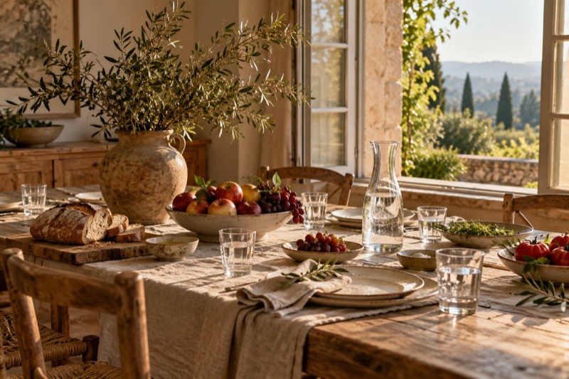 A long lunch table by an open window with linen, glasses, bread, a water carafe and a bowl of fruit.