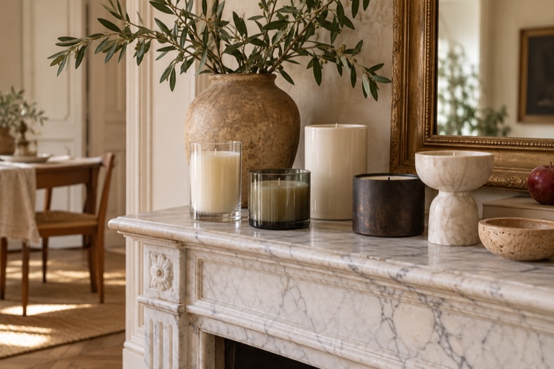 Unlit candles in glass, porcelain, iron and marble vessels arranged on a veined marble mantel.