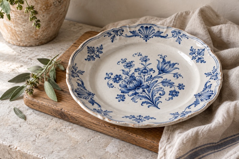A blue-and-white painted faïence plate rests on a wooden board beside sage leaves and linen.