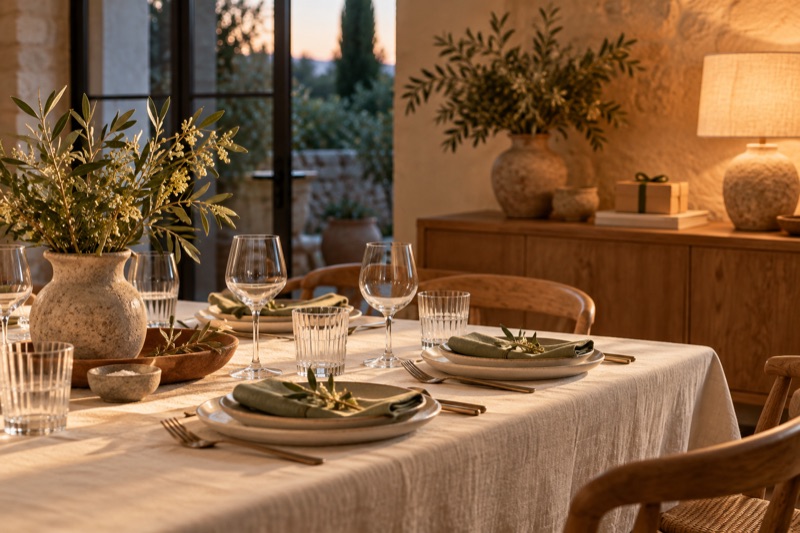 A set dinner table with a wrapped gift box on a wooden sideboard in warm evening light.