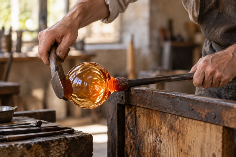 Hands turn a glowing glass gather on a blowpipe while a tool shapes it at a sunlit workbench.