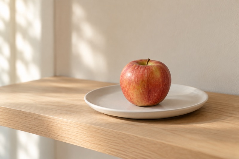 A red apple sits alone on a white plate on a pale wood shelf.