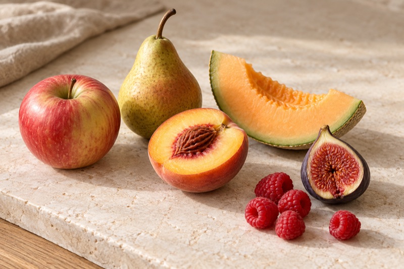 Apple, pear, peach, melon, fig and raspberries arranged on a pale stone surface.