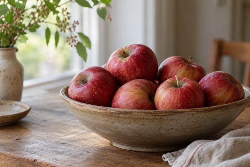 A hand-painted wax apple blends into a bowl of real red apples on a sunlit table.