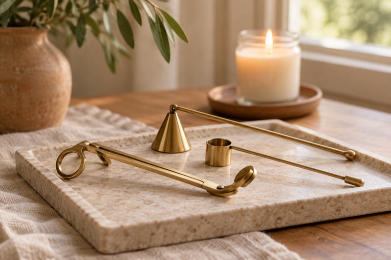 Brass candle tools arranged on a stone tray with a softly blurred lit jar candle behind them.