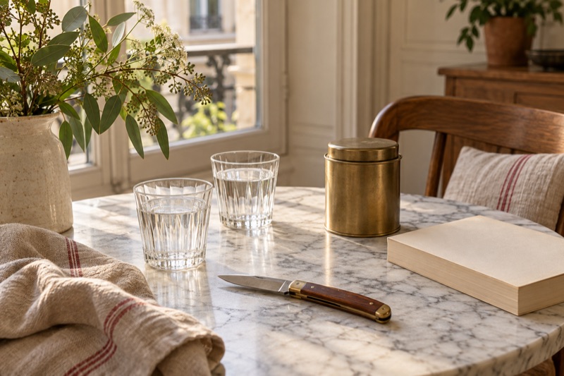Two faceted tumblers, a pocket knife, a plain tea tin, and a blank book on a marble table.