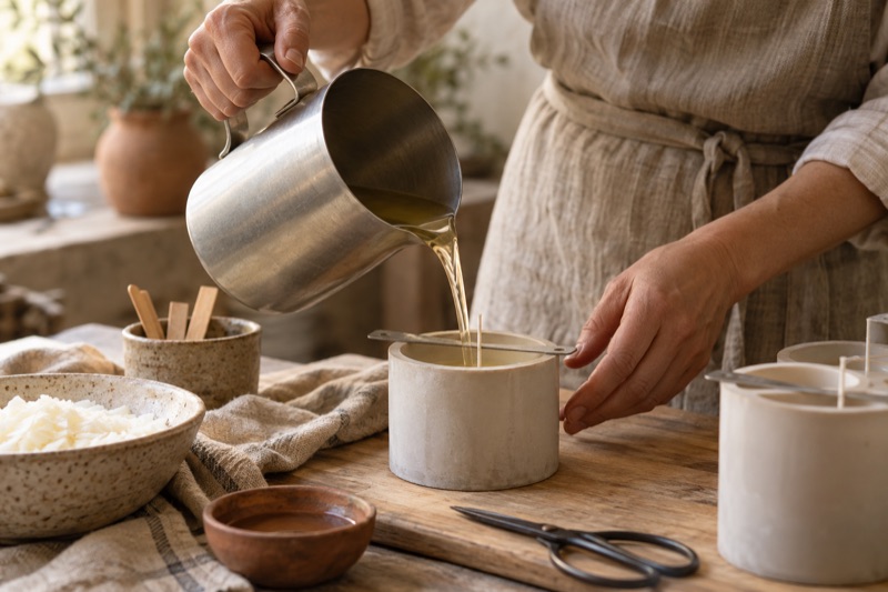 Hands pour melted wax from a metal pitcher into a plain candle mold in warm window light.