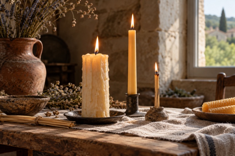 Three lit candles, rushlights, honeycomb and rustic pottery arranged on a linen-covered wooden table in warm window light.