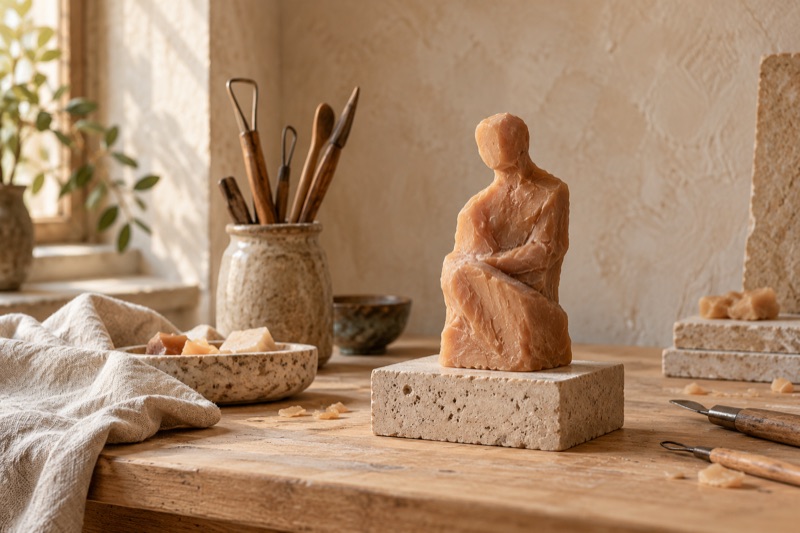 A hand-modeled wax figure on a stone plinth beside sculpting tools in warm window light.