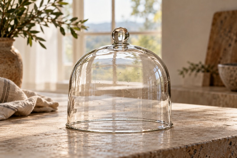 Clear hand-blown glass cloche with tiny bubbles on a sunlit stone table by a window.
