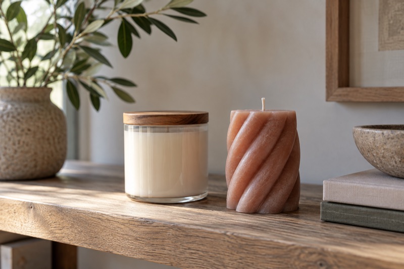 A lidded jar candle and a twisted sculptural candle sit on a shaded oak shelf.