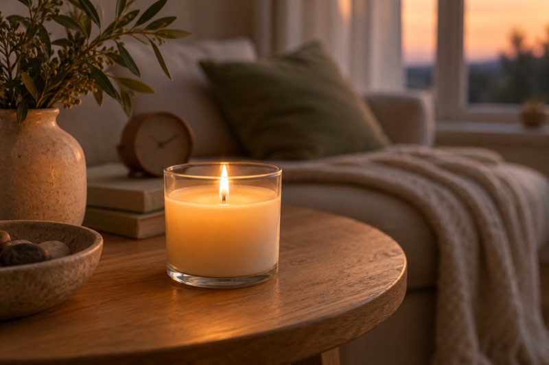 A lit jar candle with a full pool of melted wax reaching the edge of the glass on a wooden table.