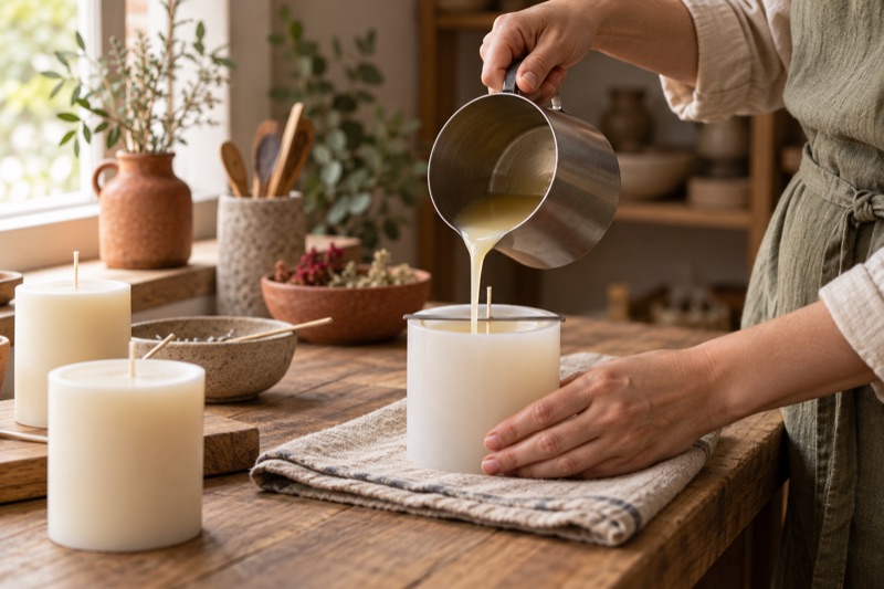 Hands pour melted wax into a cylindrical candle mold on a warm wooden worktable.