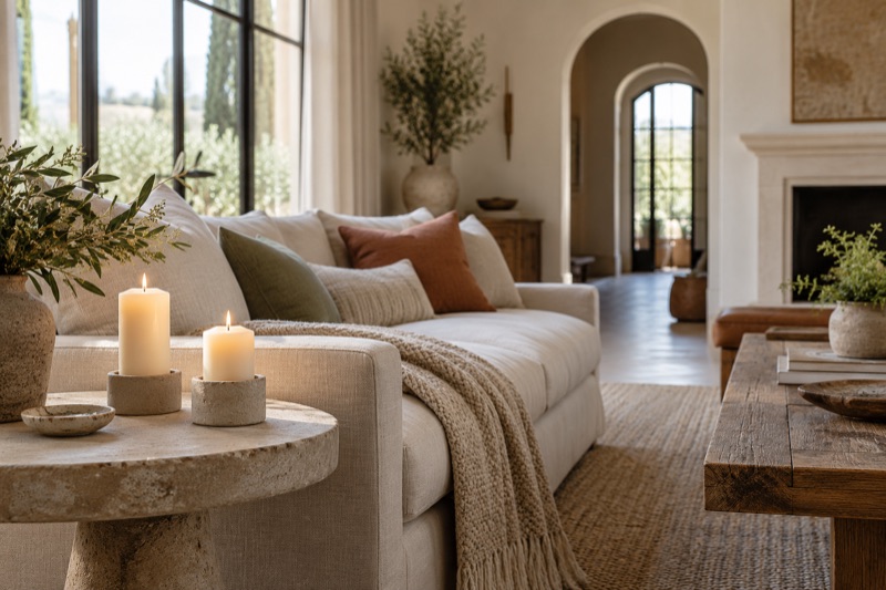 Two lit cream pillar candles in stone holders on a side table beside a linen sofa in a high-ceilinged living room.