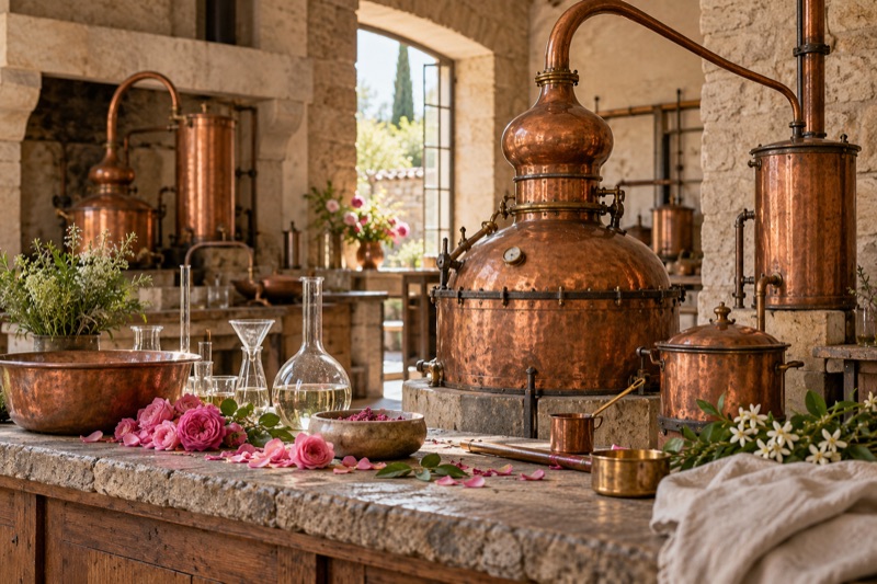 Copper stills, glass vessels and fresh flowers in a sunlit perfume workshop.