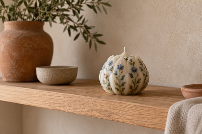 A hand-painted botanical wax candle rests on a wooden shelf beside ceramic vessels.