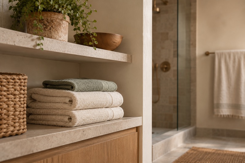 A calm bathroom shelf with folded linen towels beside a softly blurred towel hanging on a bar.
