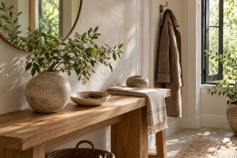 A sunlit entryway with a leafy vase, oak console, folded linen, coat, and open window.