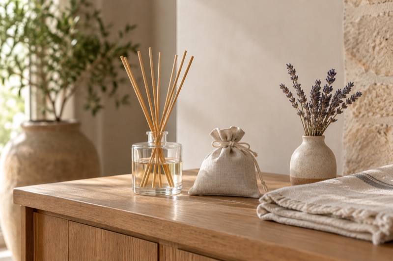 A reed diffuser, linen sachet, dried lavender and folded linen on a wooden console.