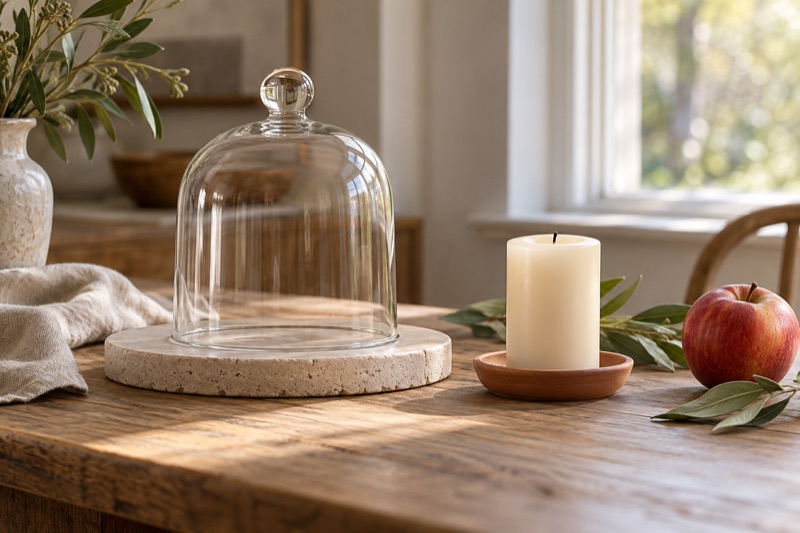 An empty glass cloche sits on a stone plinth beside an uncovered ivory candle, an apple and leafy branches.