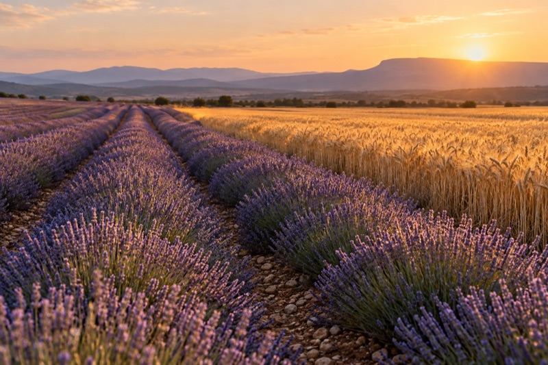 Rows of lavender in bloom beside a strip of golden wheat at sunset.