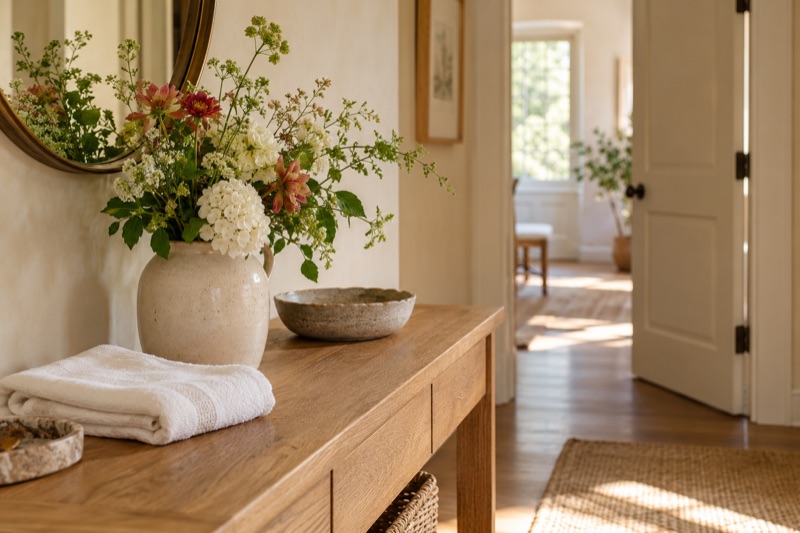A folded white towel and fresh flowers sit on an oak entry console beside an open interior door.